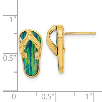 14K Gelbgold poliert mit synthetischem blauem Opal Flip-Flop Ohrstecker