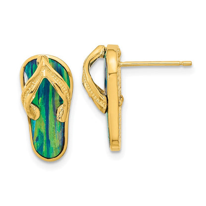 14K Gelbgold poliert mit synthetischem blauem Opal Flip-Flop Ohrstecker