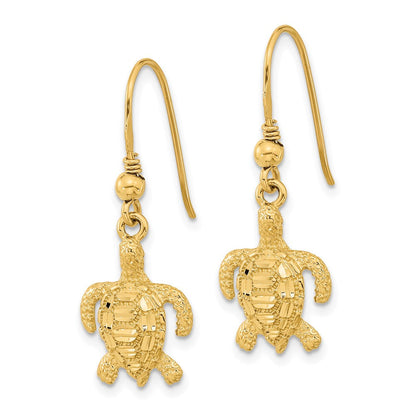 14K Gold Gelbgold Poliert & Texturiert Diamantgeschliffene Schildkröte Ohrhänger mit Schlaufenverschluss