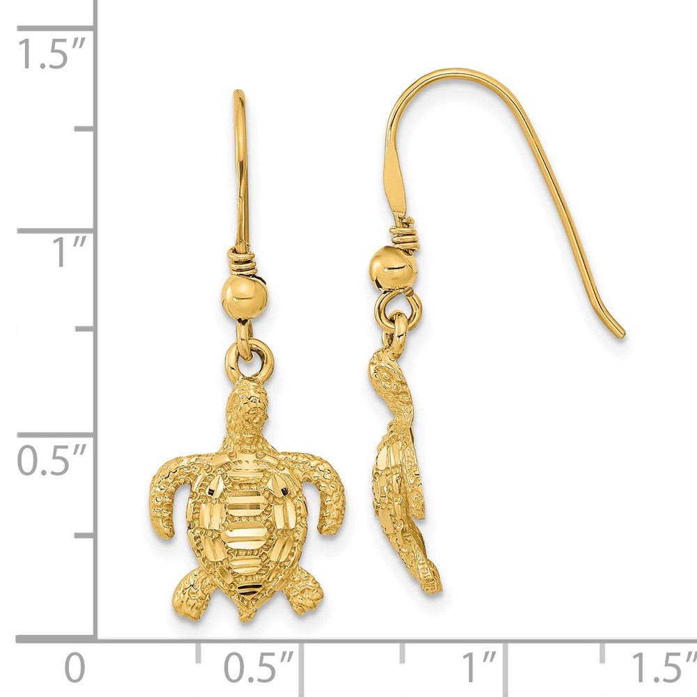 14K Gold Gelbgold Poliert & Texturiert Diamantgeschliffene Schildkröte Ohrhänger mit Schlaufenverschluss