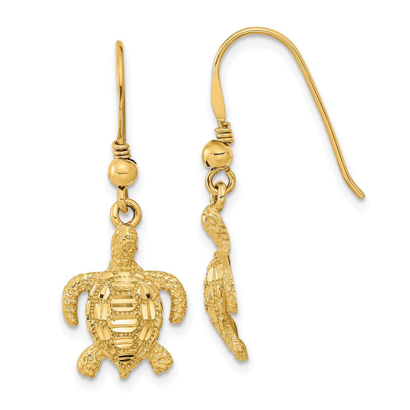 14K Gold Gelbgold Poliert & Texturiert Diamantgeschliffene Schildkröte Ohrhänger mit Schlaufenverschluss
