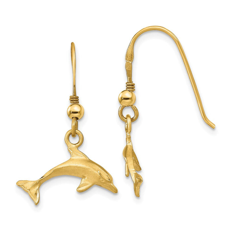 14K Gelbgold Satinierte, Diamantierte Delfin-Ohrhänger mit Ohrhaken