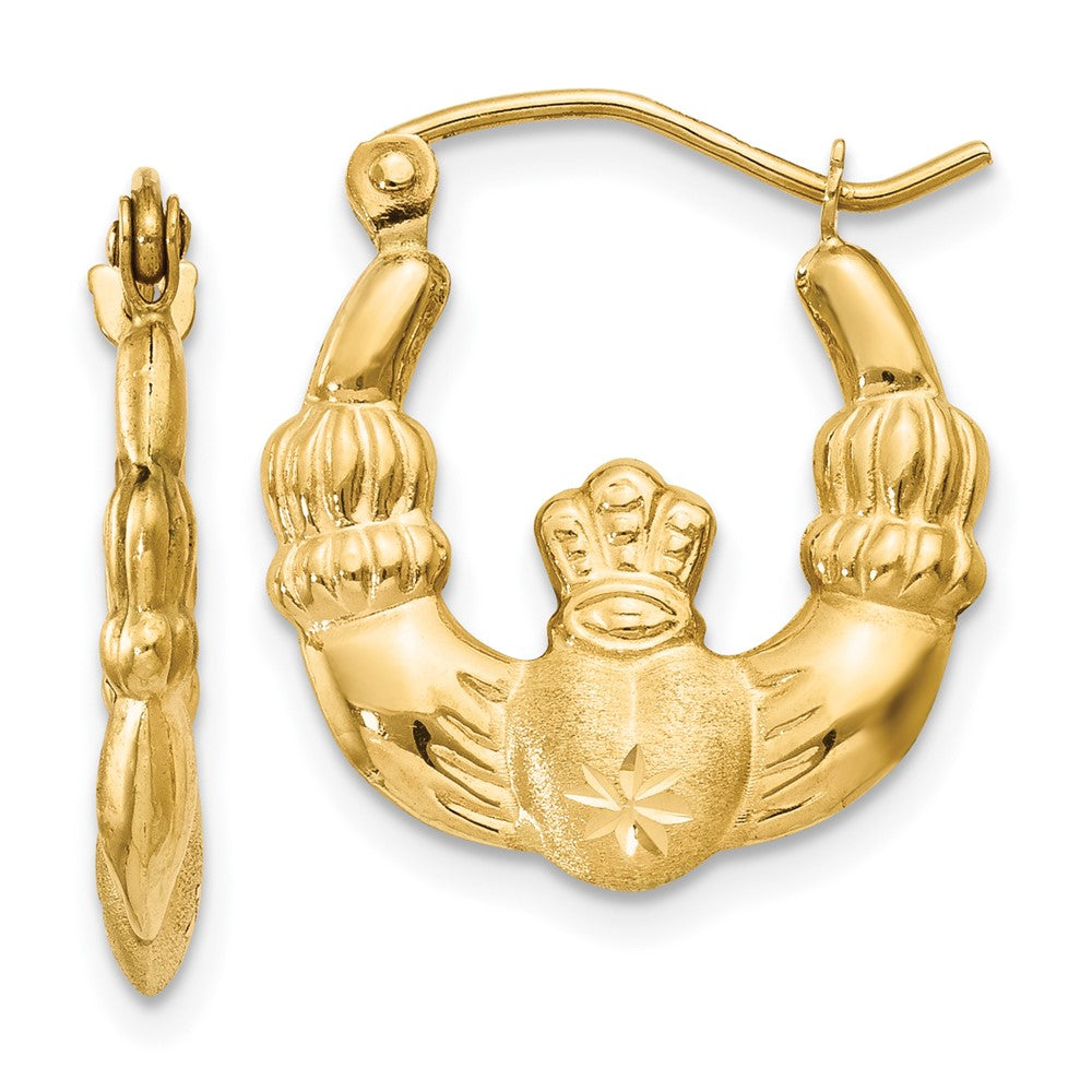 14K Gelbgold Poliert und Satiniert Claddagh Creolen