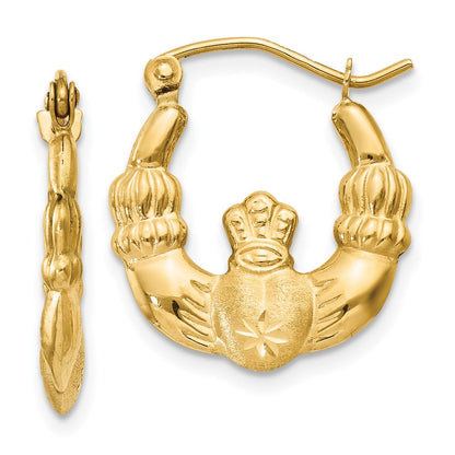 14K Gelbgold Poliert und Satiniert Claddagh Creolen