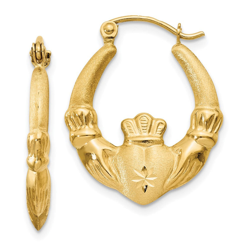 14K Gelbgold Poliert und Satiniert Claddagh Creolen