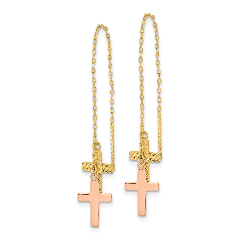 14K Bicolor Gelb & Rose Diamantiert Poliert Crosses Durchzieher-Ohrringe