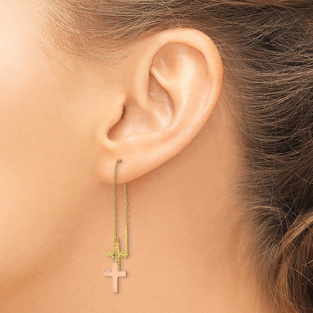 14K Bicolor Gelb & Rose Diamantiert Poliert Crosses Durchzieher-Ohrringe