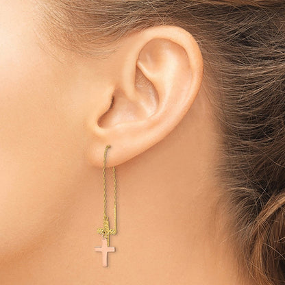 14K Bicolor Gelb & Rose Diamantiert Poliert Crosses Durchzieher-Ohrringe
