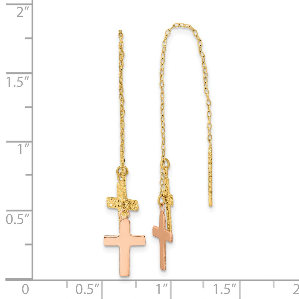 14K Bicolor Gelb & Rose Diamantiert Poliert Crosses Durchzieher-Ohrringe
