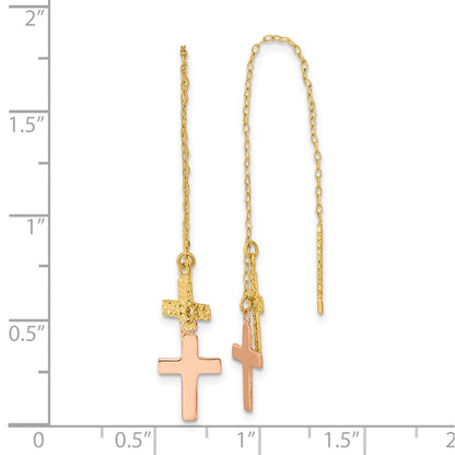 14K Bicolor Gelb & Rose Diamantiert Poliert Crosses Durchzieher-Ohrringe