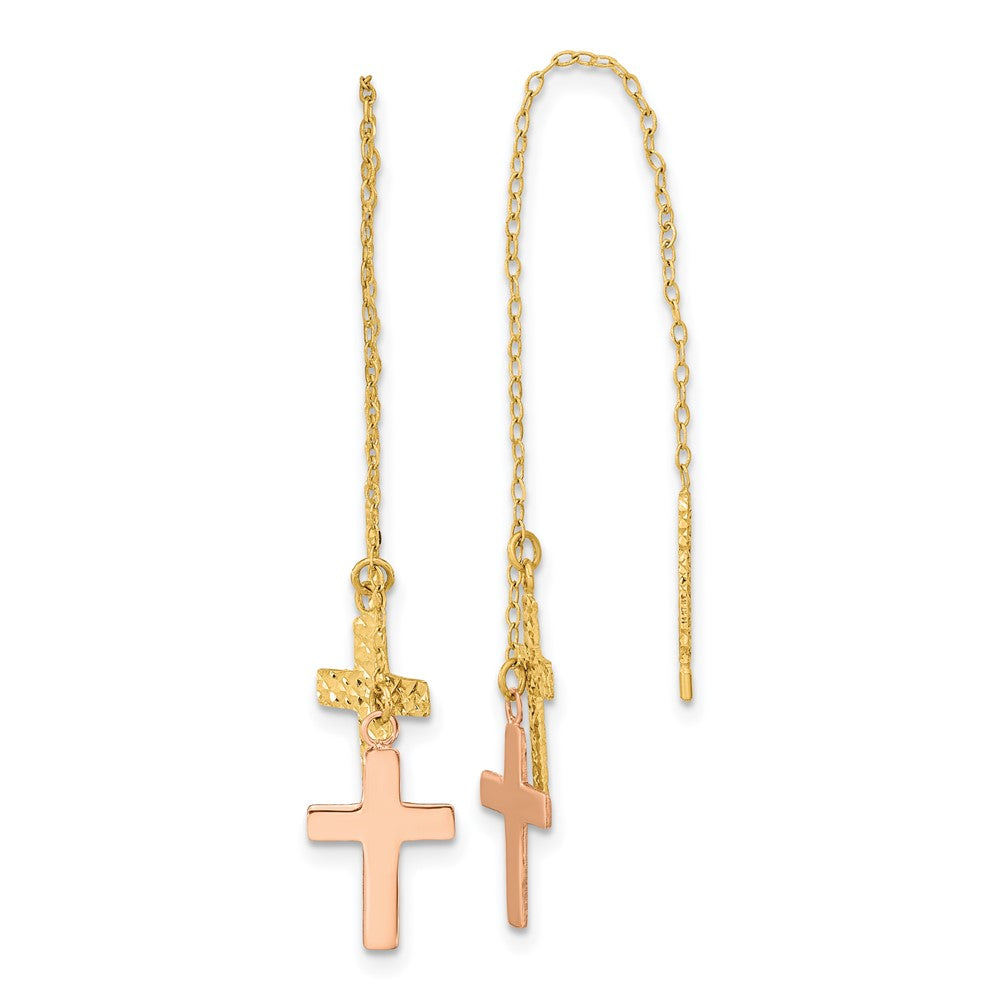14K Bicolor Gelb & Rose Diamantiert Poliert Crosses Durchzieher-Ohrringe