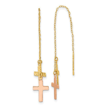 14K Bicolor Gelb & Rose Diamantiert Poliert Crosses Durchzieher-Ohrringe
