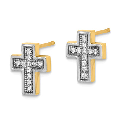 14K Gelb & Rhodium mit Rhodium Mikro Pavé Zirkonia Kreuz Ohrstecker