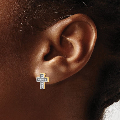 14K Gelb & Rhodium mit Rhodium Mikro Pavé Zirkonia Kreuz Ohrstecker