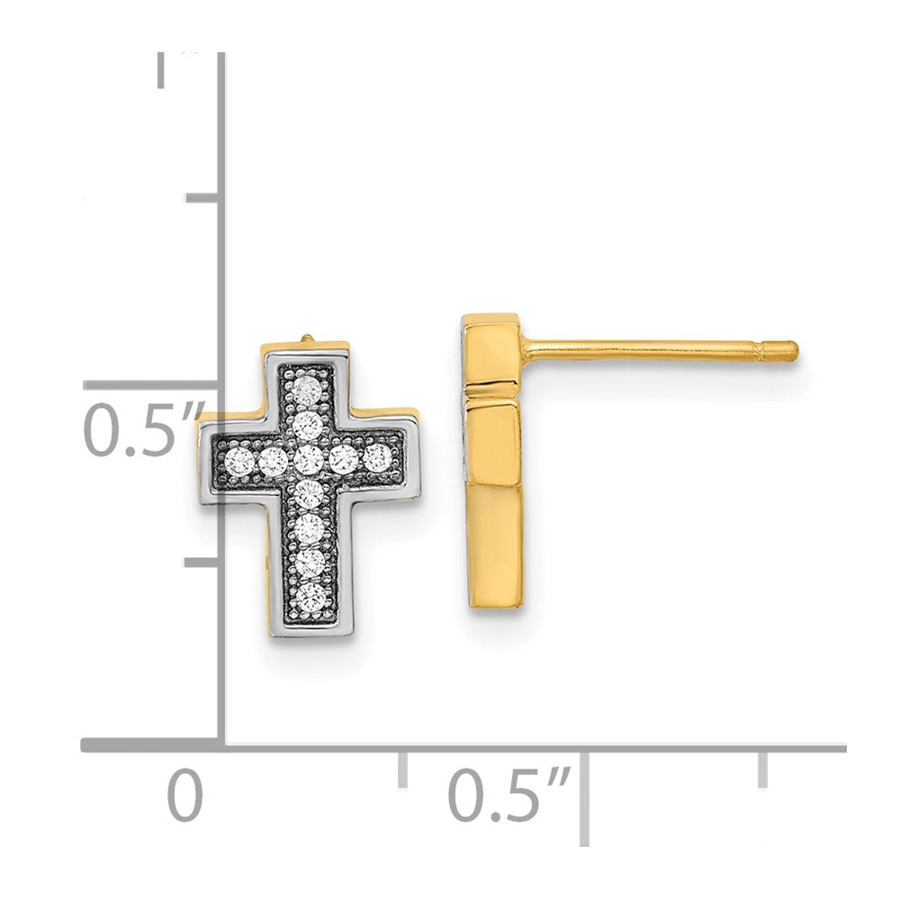 14K Gelb & Rhodium mit Rhodium Mikro Pavé Zirkonia Kreuz Ohrstecker