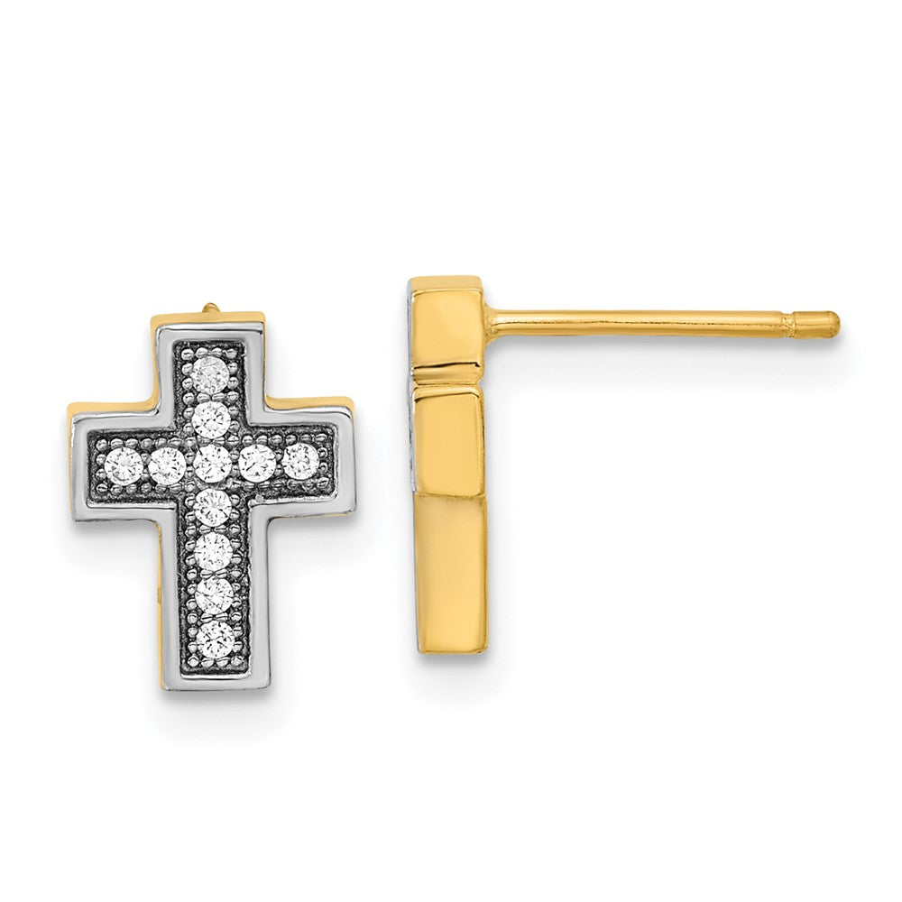 14K Gelb & Rhodium mit Rhodium Mikro Pavé Zirkonia Kreuz Ohrstecker