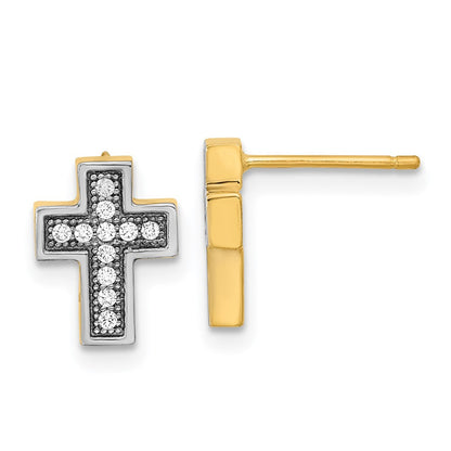 14K Gelb & Rhodium mit Rhodium Mikro Pavé Zirkonia Kreuz Ohrstecker