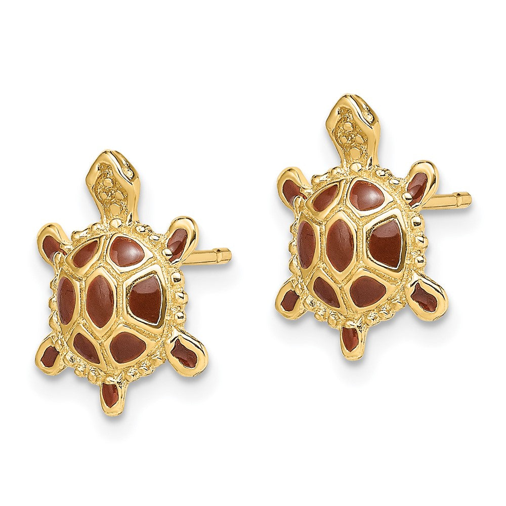 14K Gelbgold Meer Schildkröte mit Spiny Braun Emaille Muschel Ohrringe