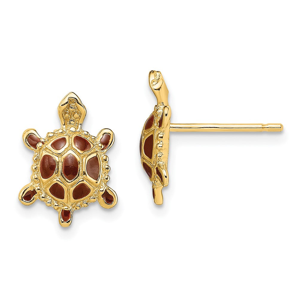 14K Gelbgold Meer Schildkröte mit Spiny Braun Emaille Muschel Ohrringe