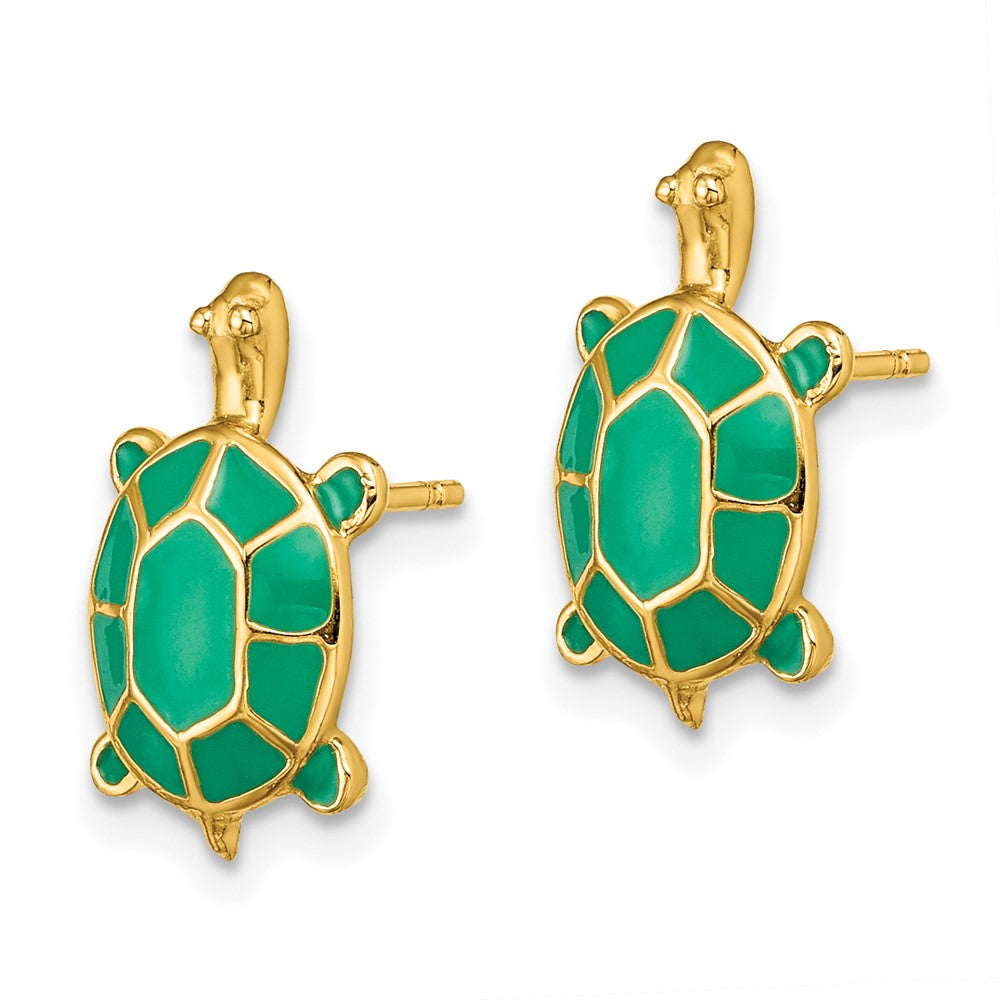 14K Gelbgold Land Schildkröte mit Grün Emaille Muschel Ohrringe