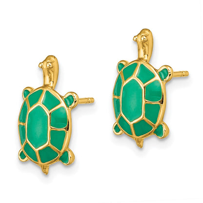 14K Gelbgold Land Schildkröte mit Grün Emaille Muschel Ohrringe