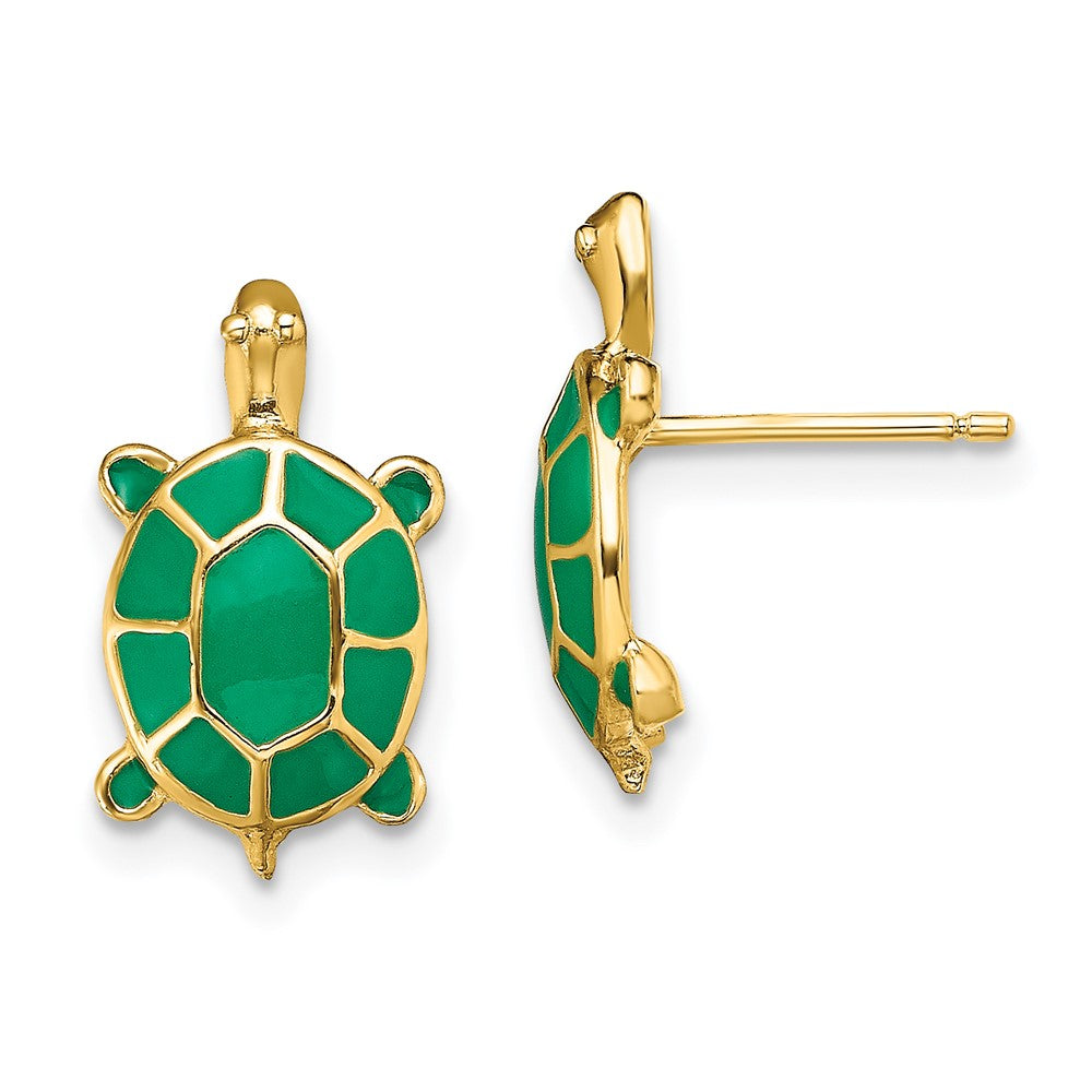 14K Gelbgold Land Schildkröte mit Grün Emaille Muschel Ohrringe