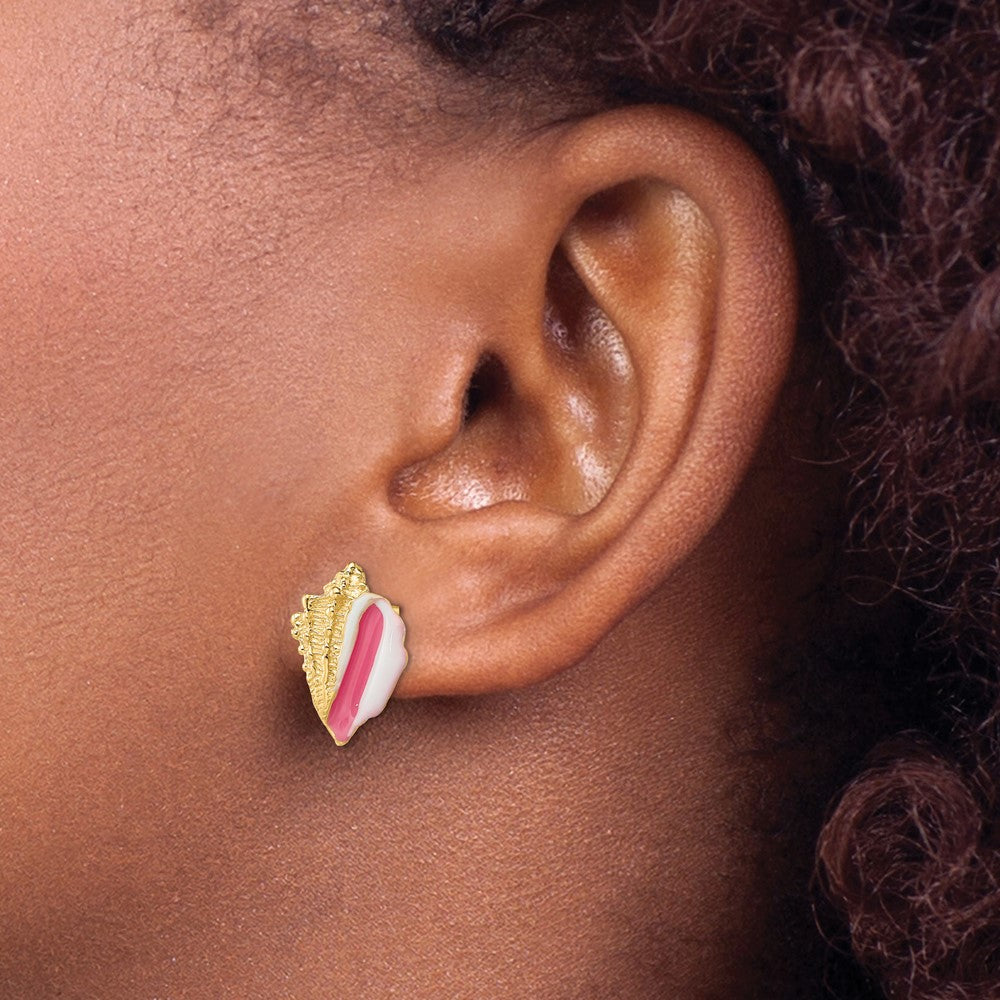 14K Gelbgold Weiß und Rosa Emaille Conch Muschel Ohrstecker