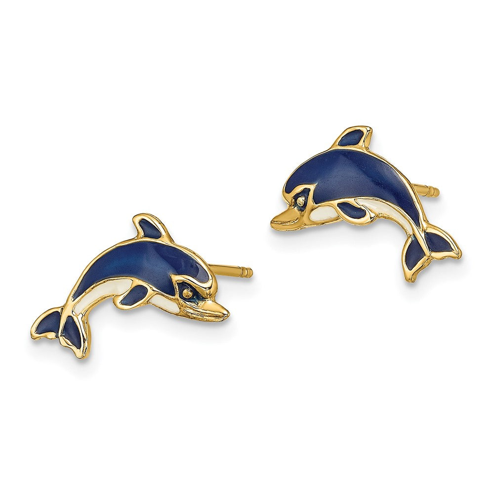 14K Gelbgold Blau und Weiß Emaille Delfin Ohrstecker