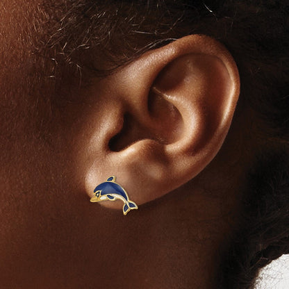 14K Gelbgold Blau und Weiß Emaille Delfin Ohrstecker