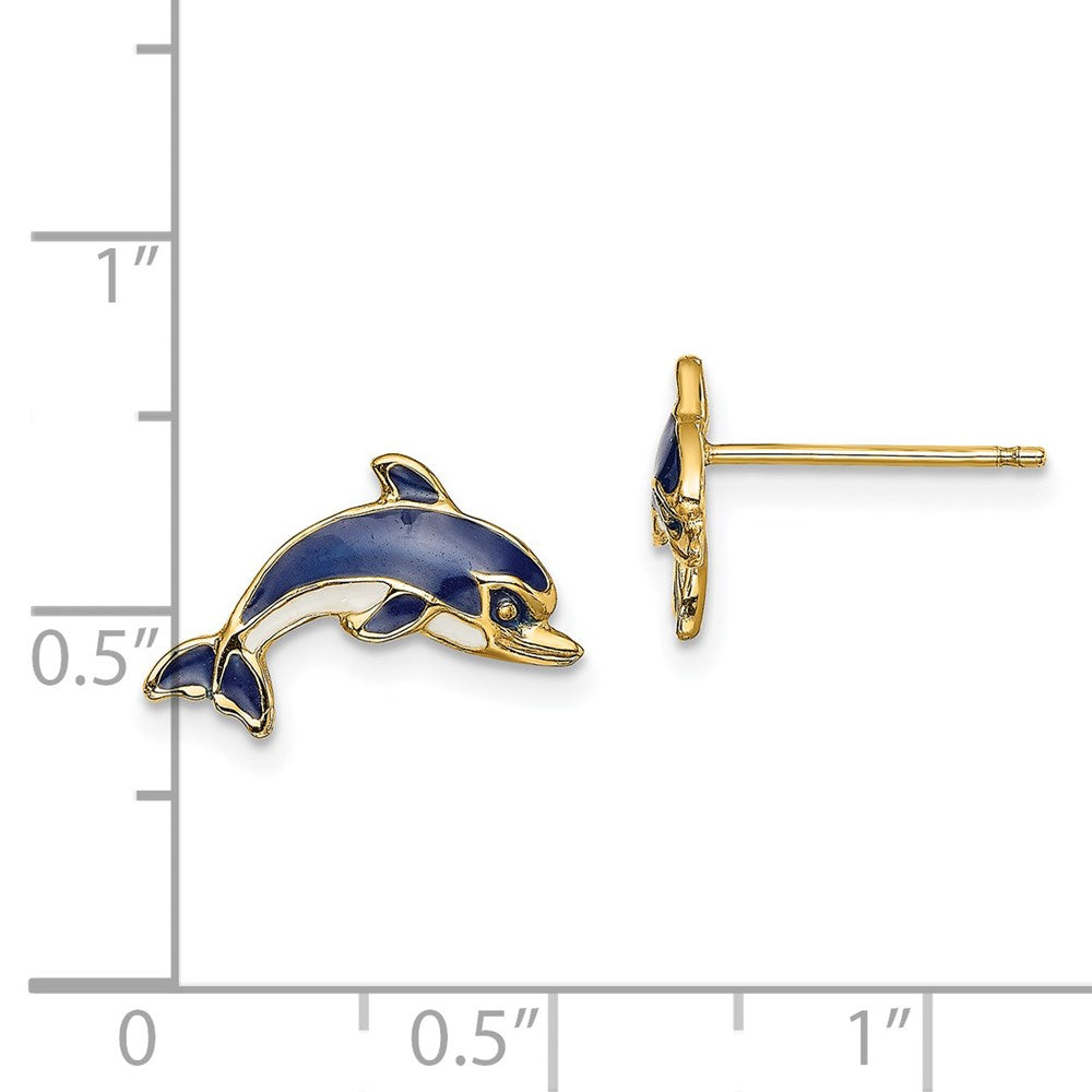 14K Gelbgold Blau und Weiß Emaille Delfin Ohrstecker