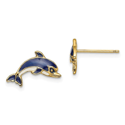 14K Gelbgold Blau und Weiß Emaille Delfin Ohrstecker