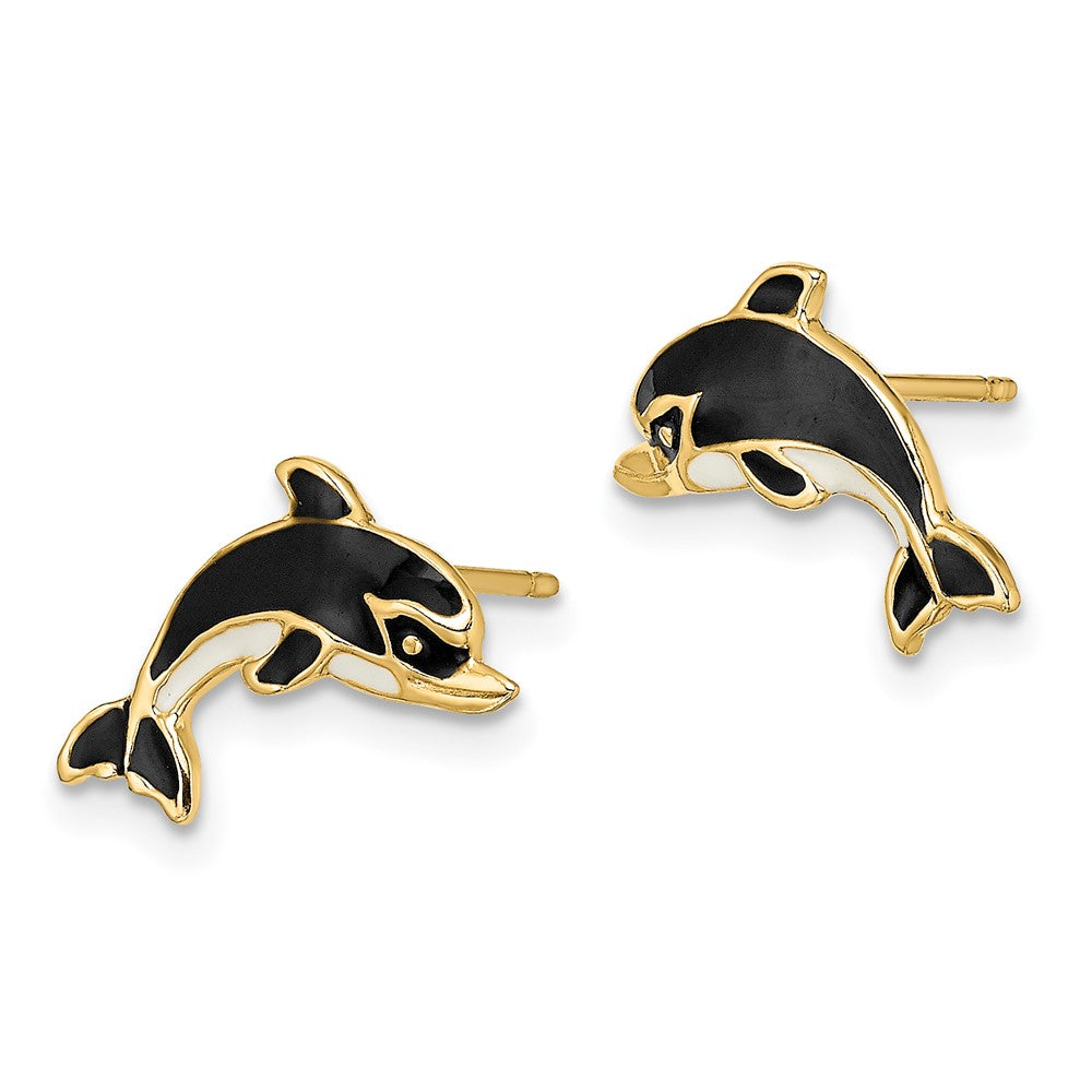 14K Gelbgold Weiß und Schwarz Emaille Delfin Ohrstecker