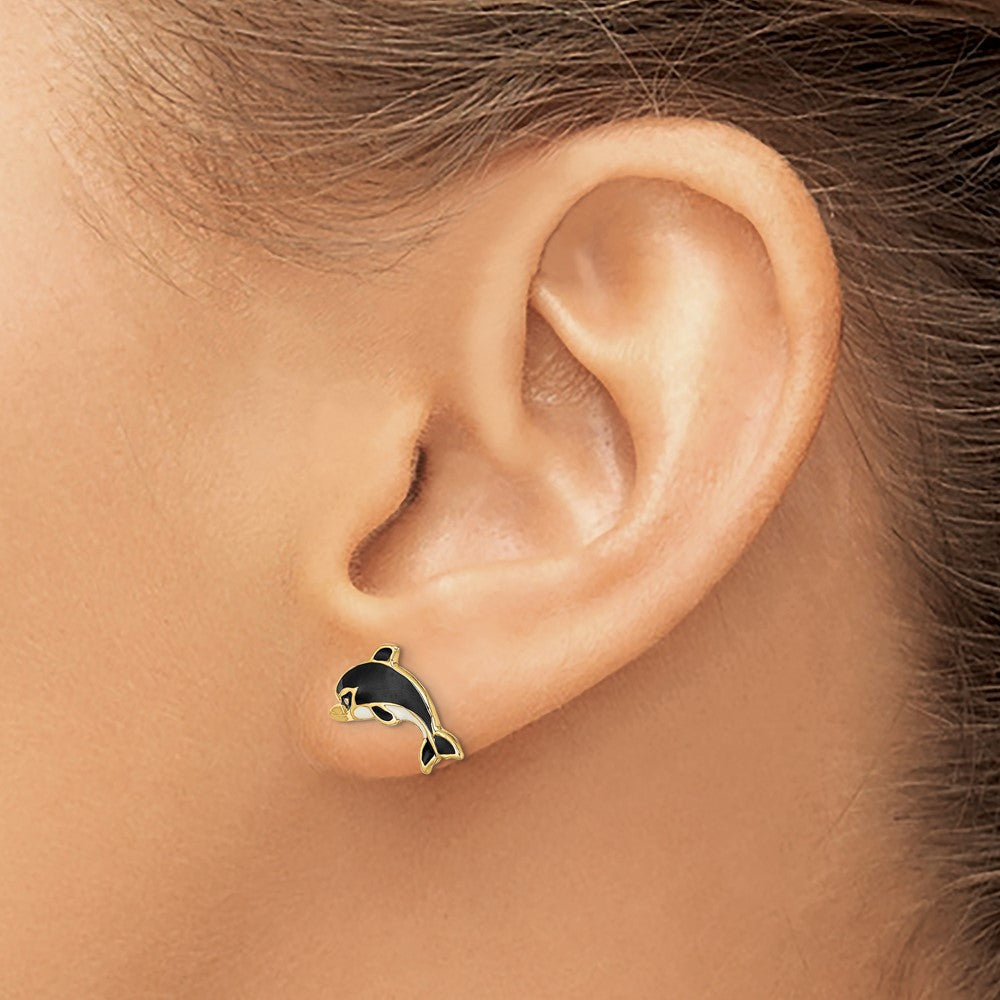 14K Gelbgold Weiß und Schwarz Emaille Delfin Ohrstecker