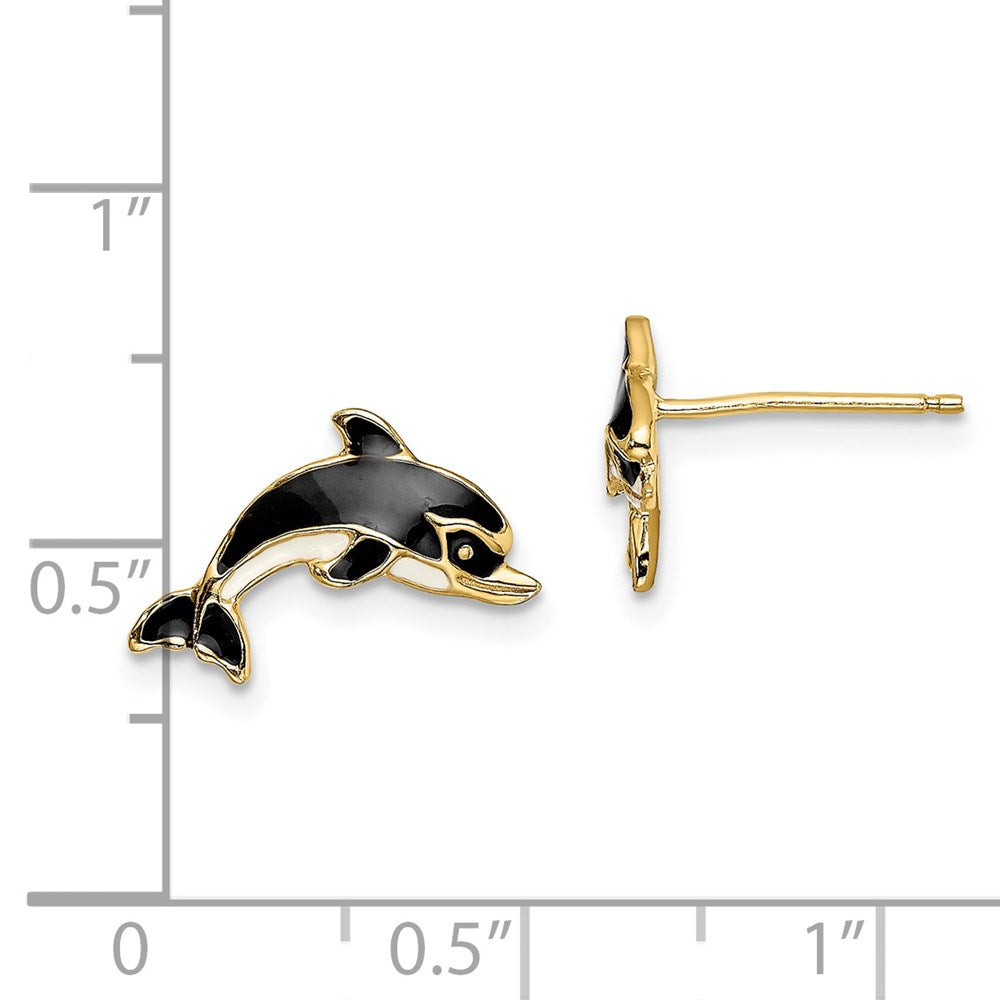 14K Gelbgold Weiß und Schwarz Emaille Delfin Ohrstecker