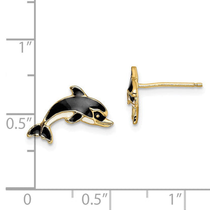 14K Gelbgold Weiß und Schwarz Emaille Delfin Ohrstecker