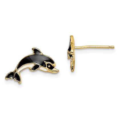 14K Gelbgold Weiß und Schwarz Emaille Delfin Ohrstecker