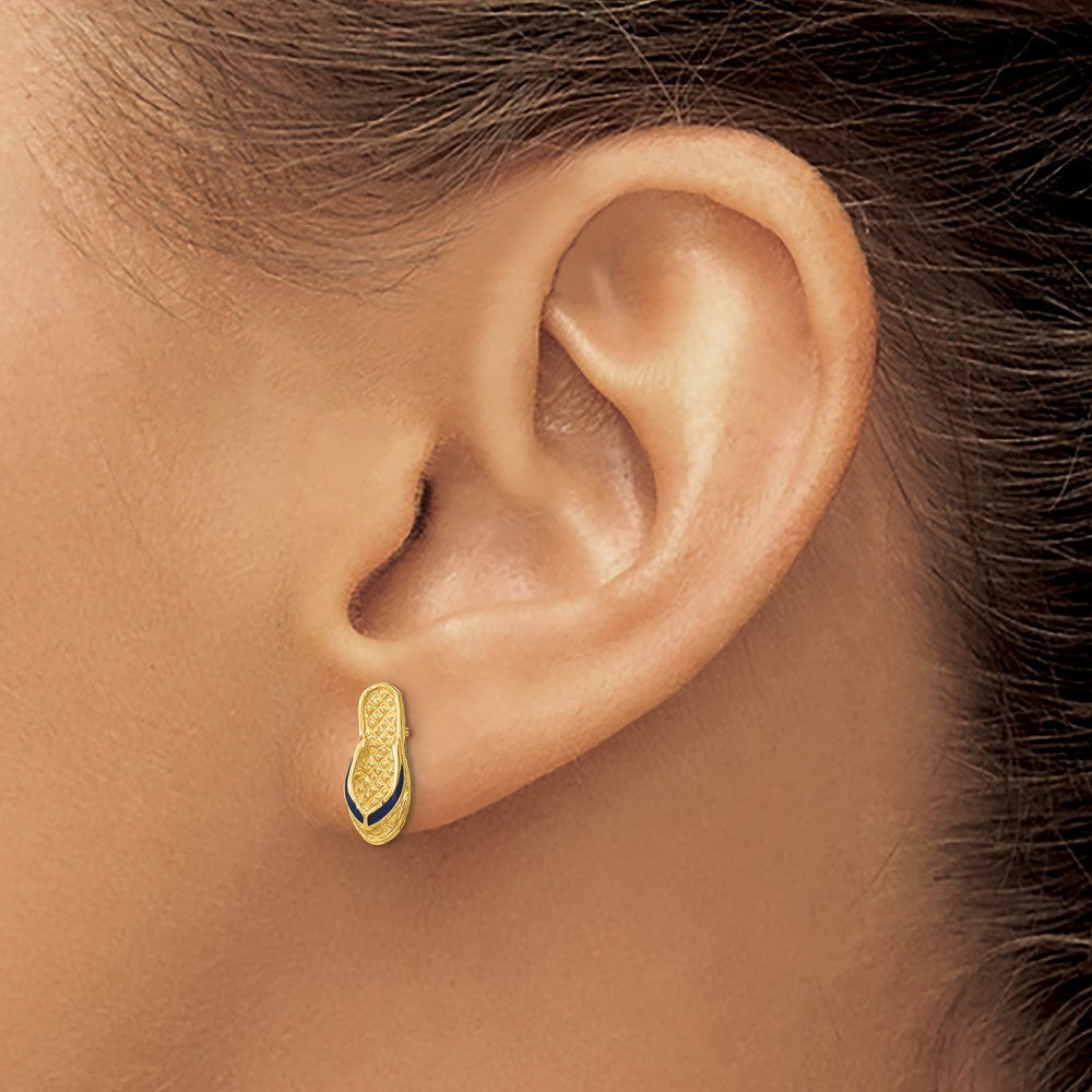 14K Gelbgold 3d mit Blau Emaille Einfach Flip-flop Ohrstecker
