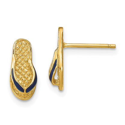 14K Gelbgold 3d mit Blau Emaille Einfach Flip-flop Ohrstecker