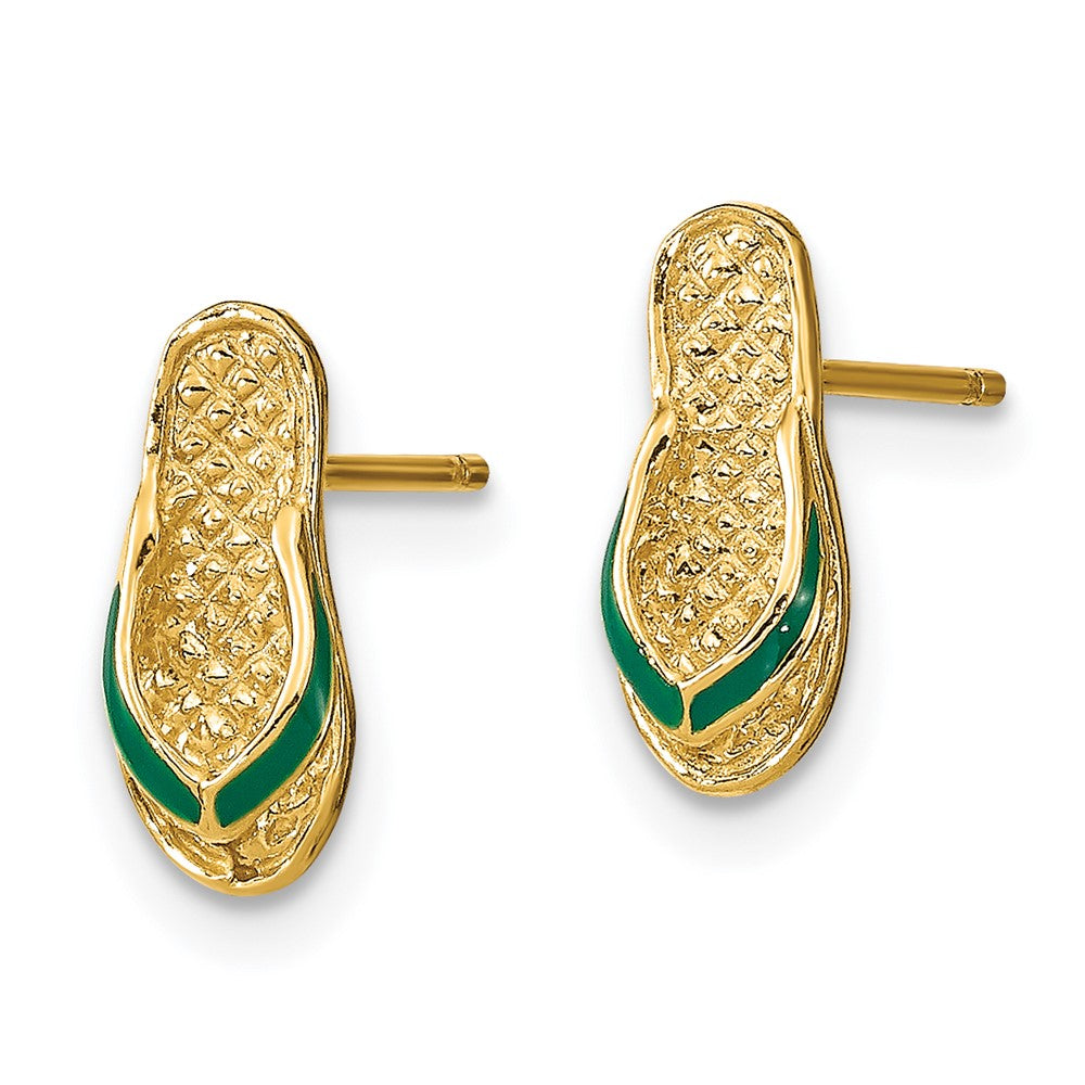14K Gelbgold 3d mit Grün Emaille Flip-flop Ohrringe