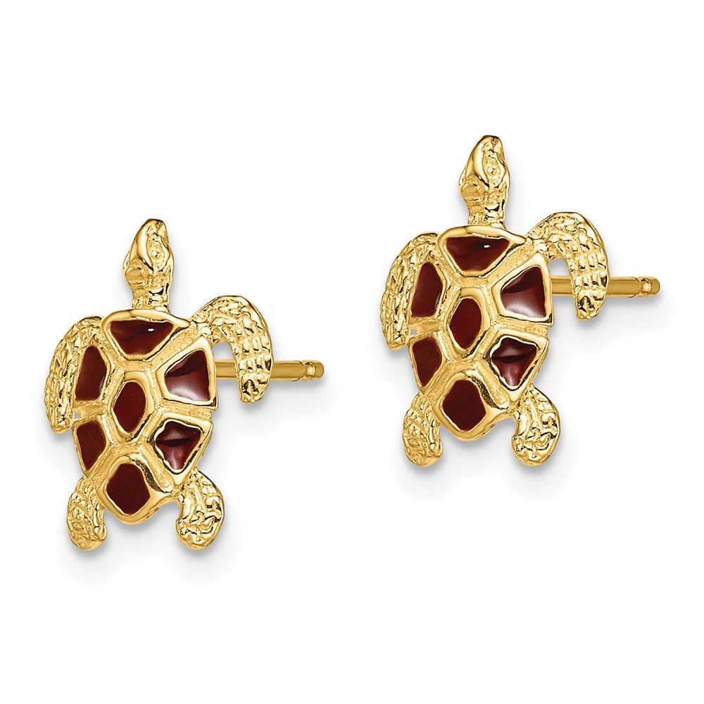 14K Gelbgold Meer Schildkröte mit Braun Emaille Muschel / Strukturiert Ohrstecker