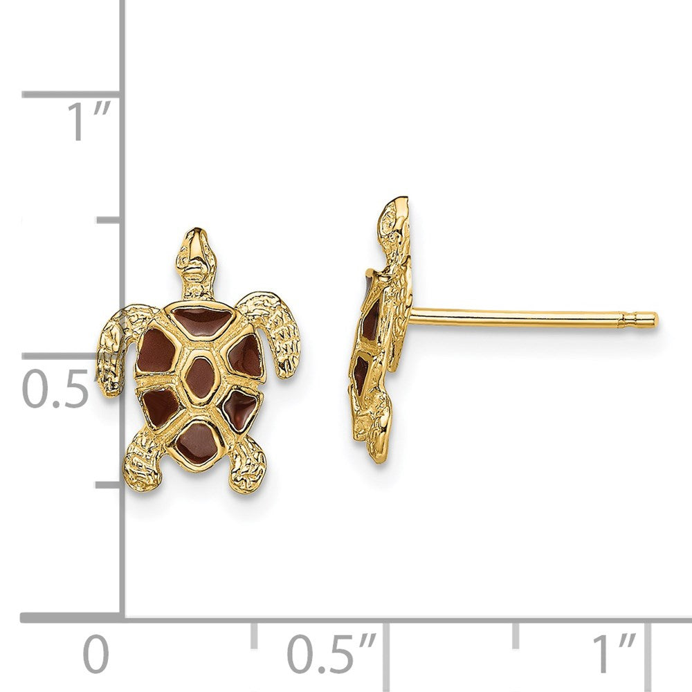 14K Gelbgold Meer Schildkröte mit Braun Emaille Muschel / Strukturiert Ohrstecker