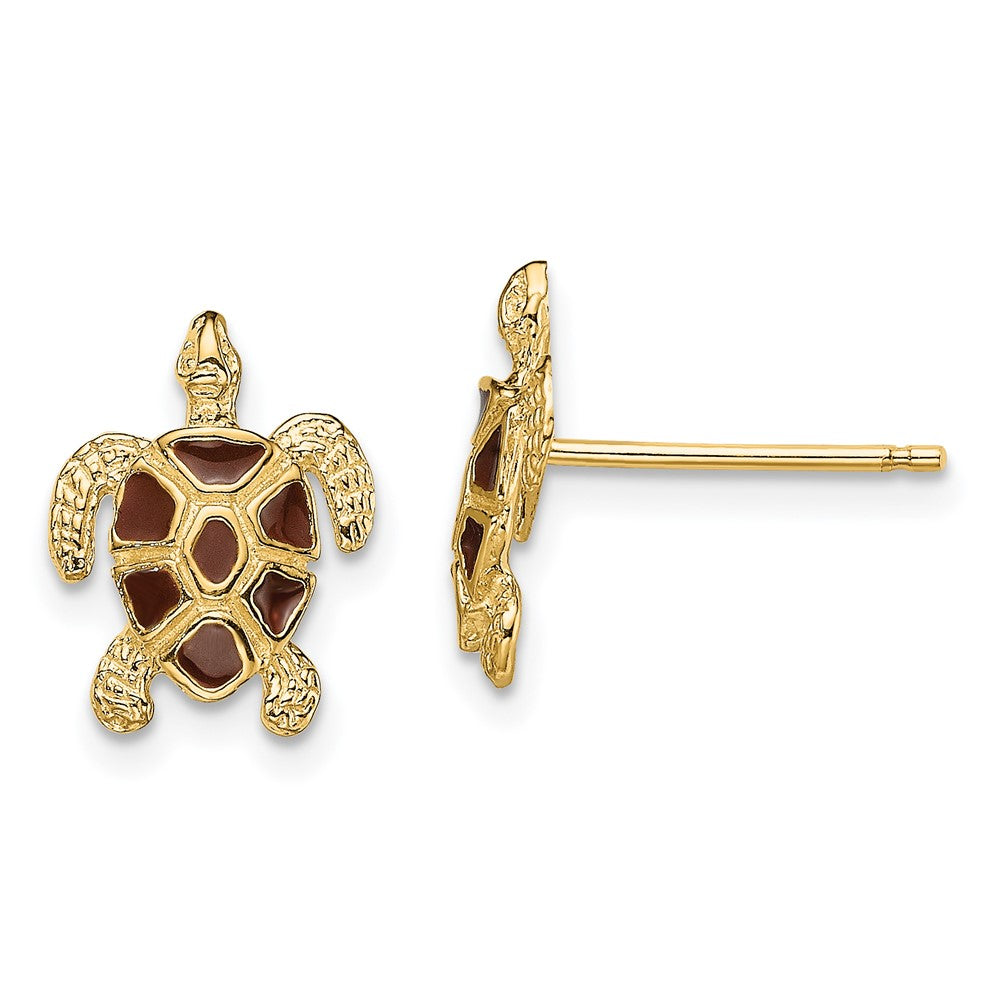 14K Gelbgold Meer Schildkröte mit Braun Emaille Muschel / Strukturiert Ohrstecker