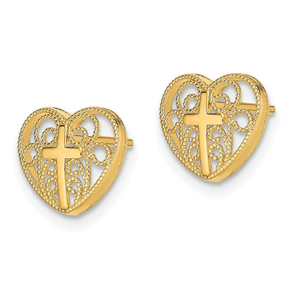 14K Gelbgold Herz mit Kreuz Ohrstecker