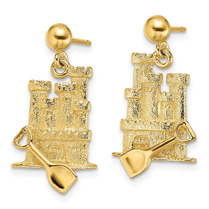 14K Gelbgold 3-d mit Shovel Sand Schloss Ohrhänger