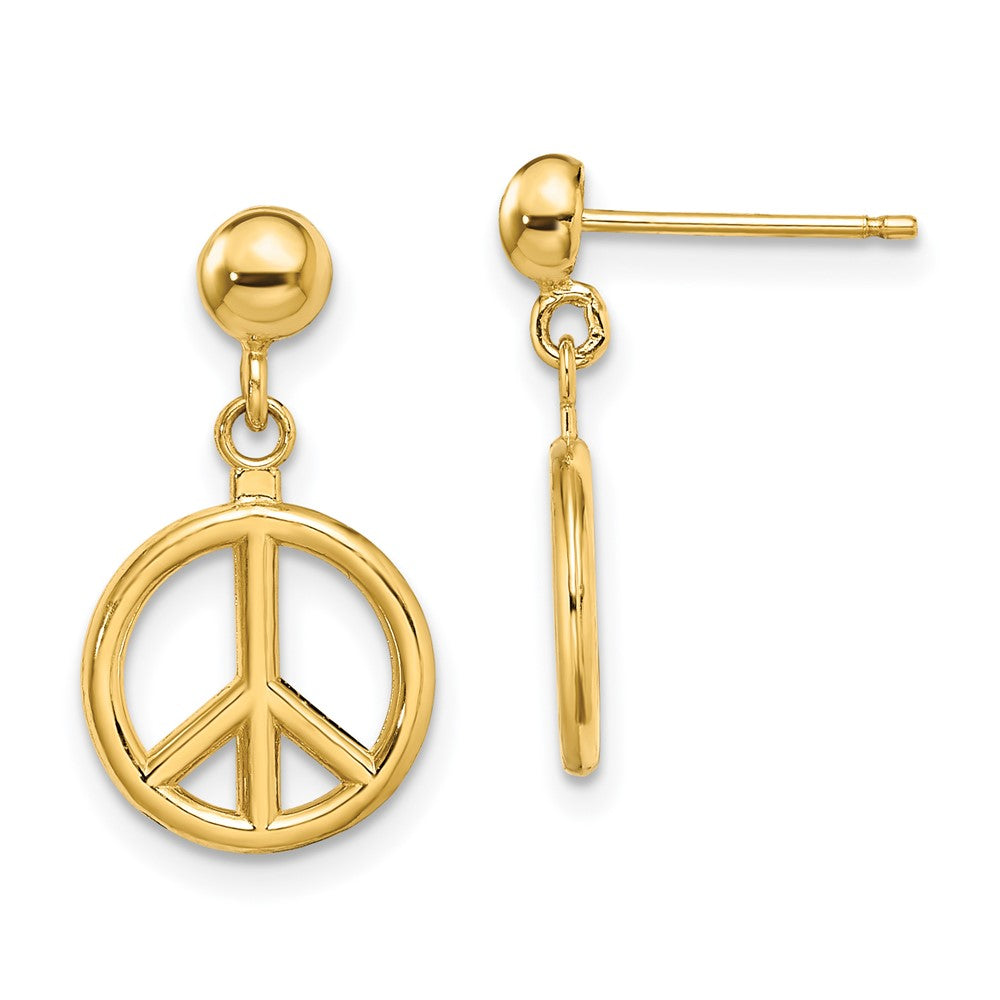 14K Gelbgold 3-d Poliert Frieden Symbol Ohrhänger