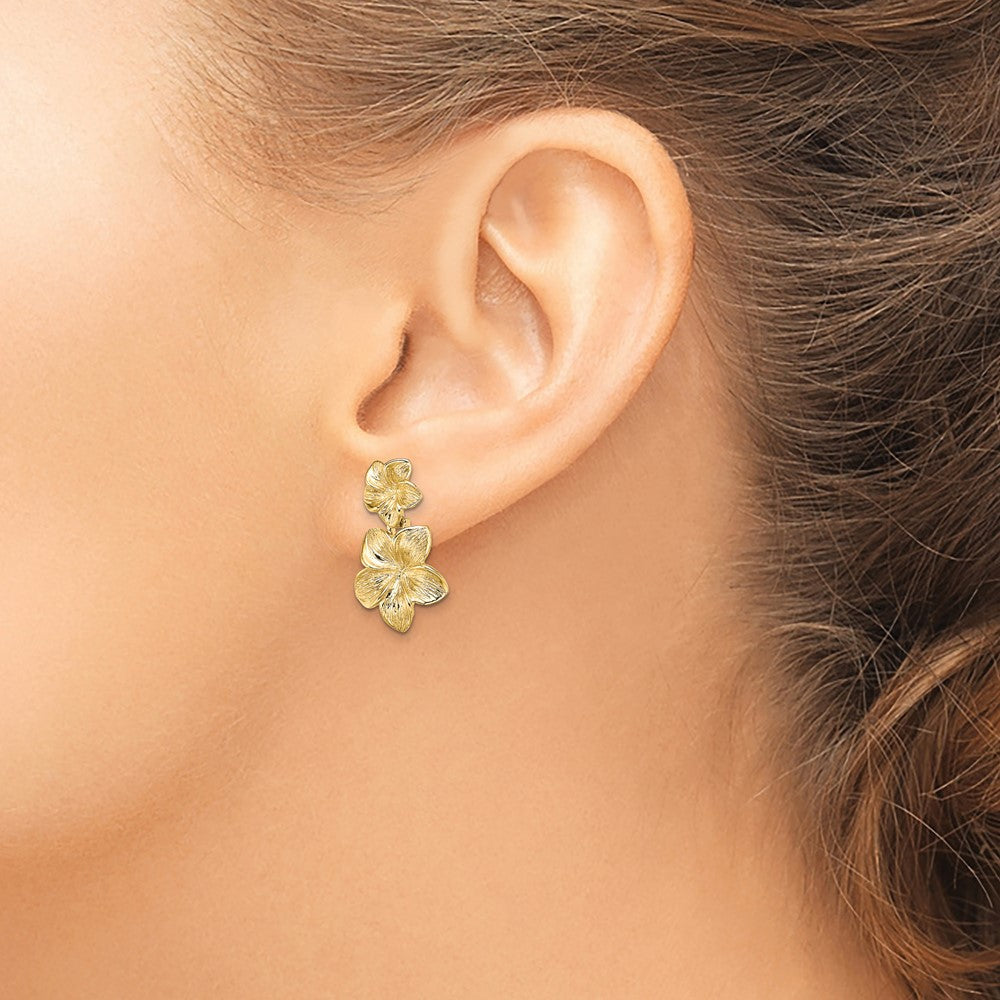 14K Gelbgold Doppelt Plumeria Blume Stecker Ohrhänger
