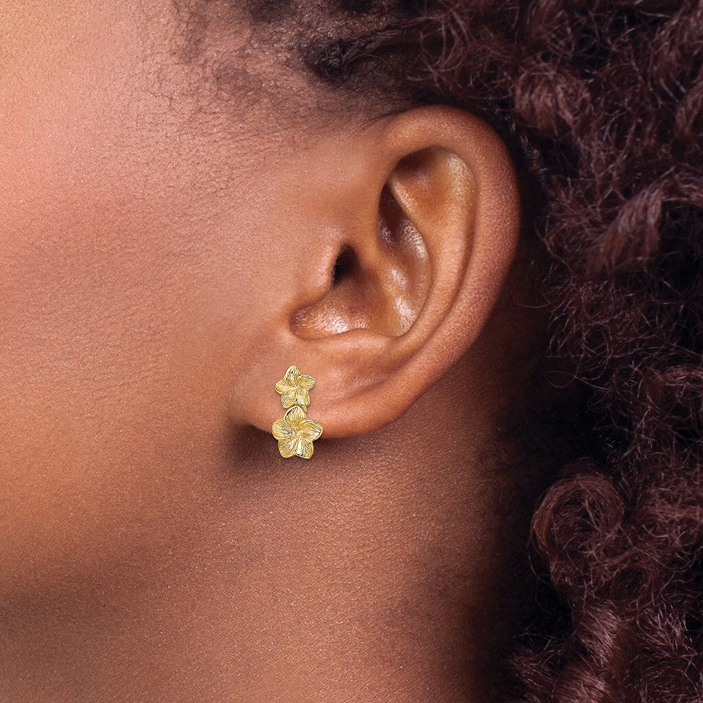 14K Gelbgold Doppelt Plumeria Blume Stecker Ohrhänger