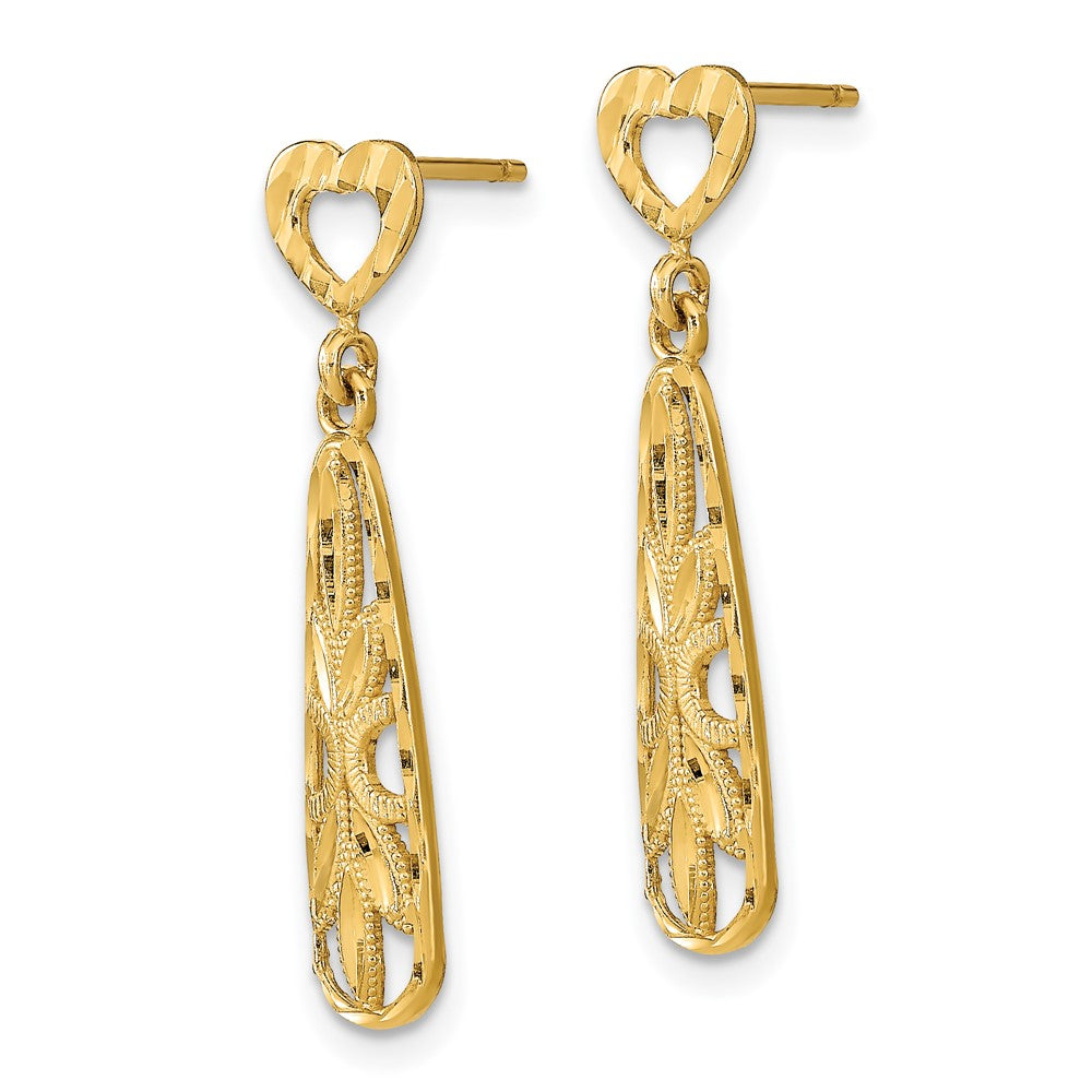 14K Gelbgold Diamantiert Tropfen Herz Hängend Ohrstecker