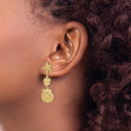 14K Gelbgold Seestern, Sand Dollar,scallop Muschel Ohrhänger