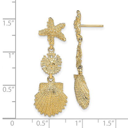 14K Gelbgold Seestern, Sand Dollar,scallop Muschel Ohrhänger